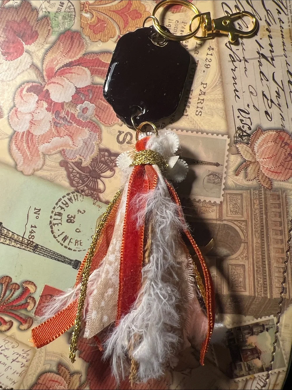 Boho Floral Tassel Keychain, purse charm. Orange, White & Gold